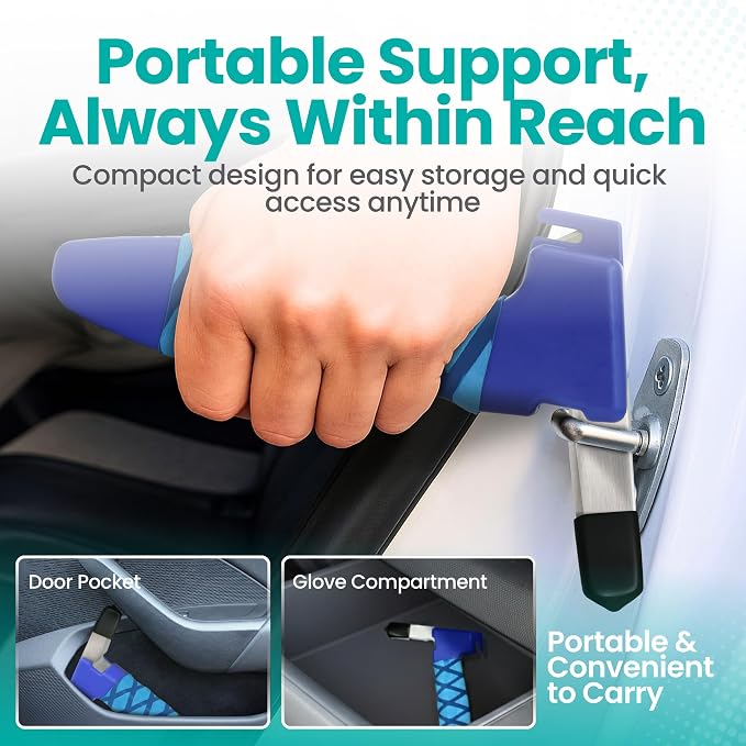 Car Door Handle for Elderly - Car Cane Mobility Aid Tool, Steel Hook, Supports Up to 300 lbs, 3 in 1 Car Door Latch Bar for Seniors & Handicapped, Easy Tool-Free Use, Pack of 2 - (Blue)