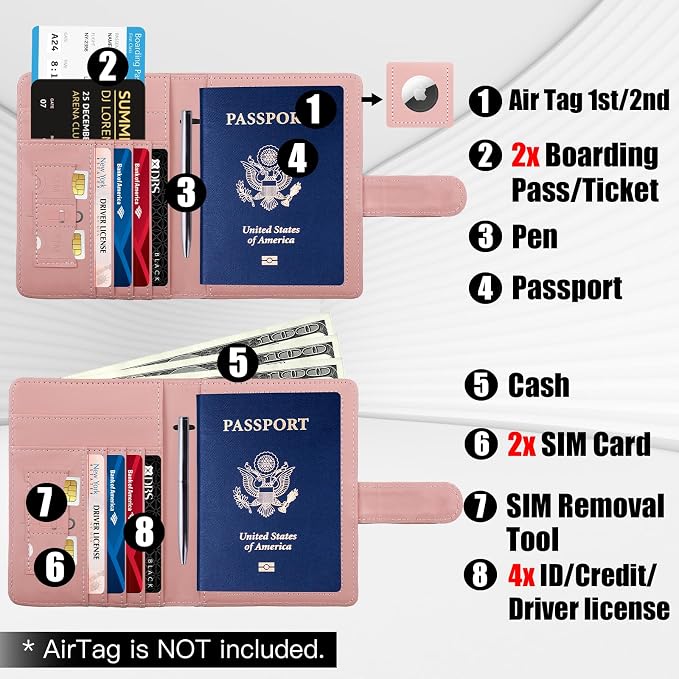GOAUS Passport Holder for Travel with AirTag Slot, Passport Book Wallet | Cards Cash Pocket, RFID Blocking, Waterproof, Passport Case, Travel Gifts for Women Men, Faux Leather, AirTag Not Included