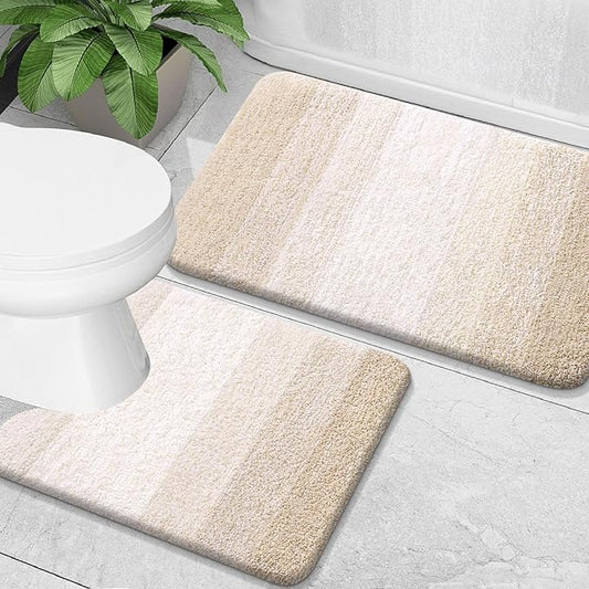 OLANLY Bathroom Rug Set 2 Piece, Soft Absorbent Microfiber Bath Mats and U-Shaped Contour Toilet Rug, Non-Slip, Machine Wash Dry, Plush Shaggy Bath Mats for Bathroom (24"x16"+U24 x20, Light Beige)