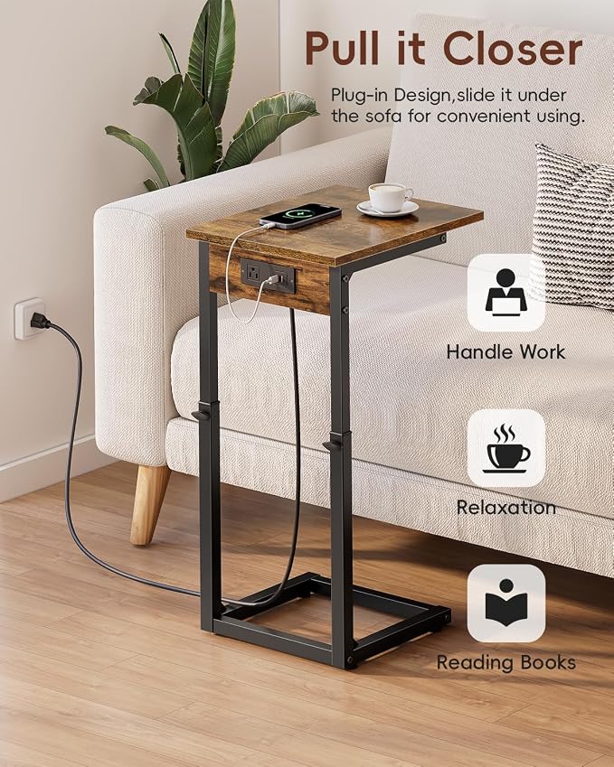 C Shaped End Table with Charging Station, 33"Tall Side Table for Couch, C-Table End Table Adjustable Height Side Table,Slide Under Couch Table TV Tray Table for Sofa,Living Room,Bedroom,Brown
