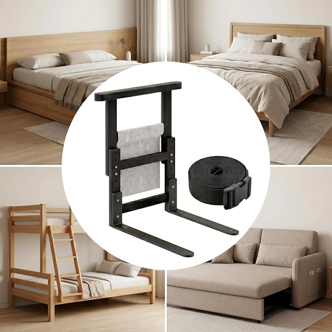 Bamboo Bed Assist Rail for Seniors Adjustable Grab Bar 300lbs Black | Non-Slip Handle, Storage Pocket, Fits 4–12 inch Mattresses, Fits Twin, Full, Queen & King Beds