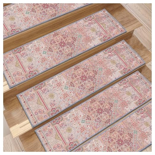 8”x 30” Carpet Stair, Anti-Slip Carpet Treads for Wooden Steps, Self-Adhesive Decorative Stair Runners, Slip-Resistant Treads for Indoor Wooden Staircases (15, Pink, 8X30 inch)