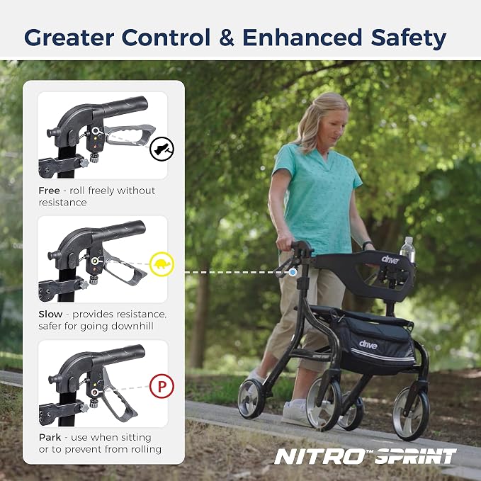 Drive Medical Nitro Sprint Rollator Walker with Seat, Petite Height, Black | Lightweight Rollator with Large Wheels Offers Short, Foldable Design for Seniors and Adults Every Day