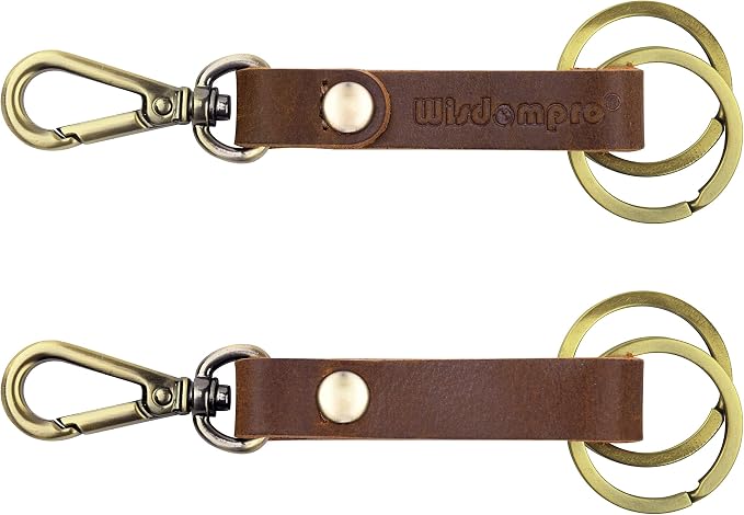 Wisdompro 2 Pcs Genuine Leather Belt Loop Keychain for Men and Women | Heavy Duty Key Chain Holder with Retro Vintage Bronze Belt Loop Clip and 2 Keyrings for Keys, Car Fob