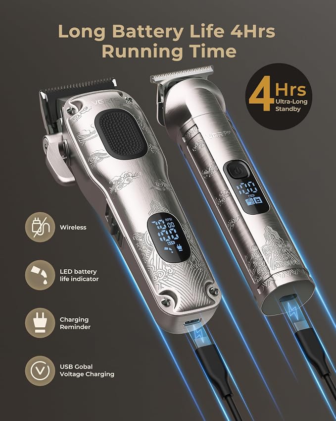 VGRPRO Hair Clippers for Men Professional, Cordless Clipper and Trimmer Set | 7000RPM Grooming Kit with EVA Case, LED display, 14 Guide Combs (including Right & Left Ear Taper Combs), Nose Trimmer Head