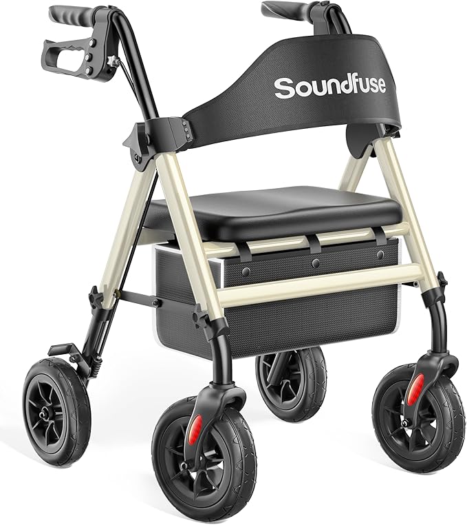 Rollator Walkers for Seniors with Seat, Foldable Lightweight Rolling Walker with 8" Big PU Wheels, Ergonomic Seat, Dual Height Adjustment