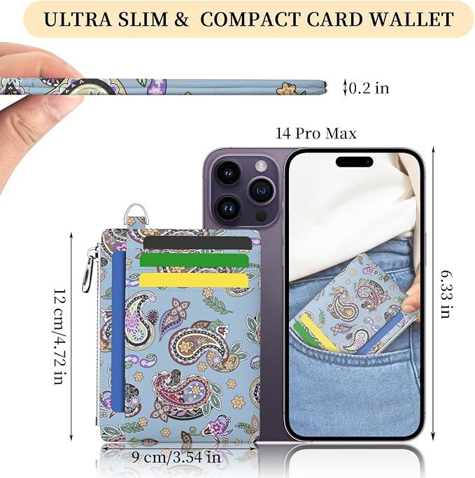 Hancynir Boho Floral Slim Wallet Women Credit Card Holder, RFID Small | Zipper Pocket Wallet, Thin Travel Coin Purse, Ladies Women Gifts, Minimalist Card Case, 6 Card Slots, ID Window, PU Leather
