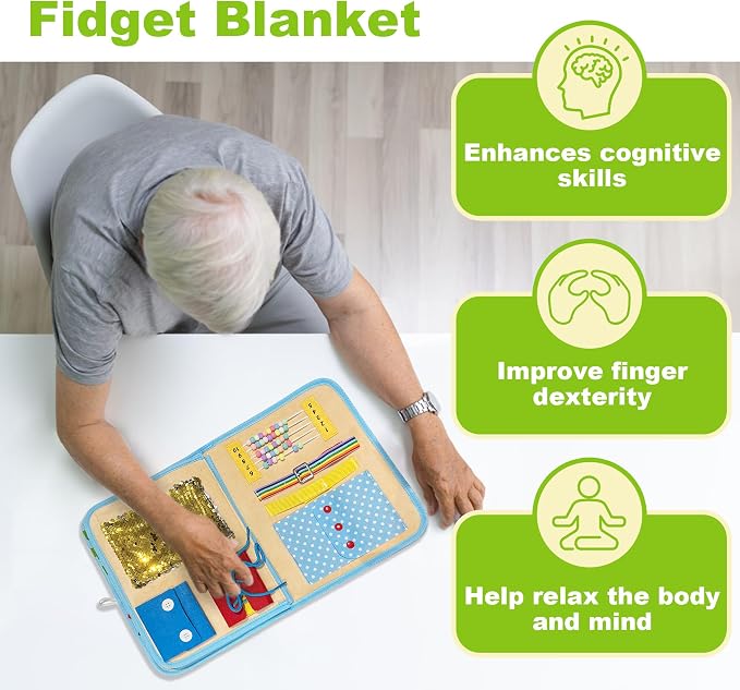 Fidget Blanket for Adults with Dementia, Best Gifts for Dementia Patients, Dementia Activities for Seniors, Busy board for Alzheimers Activities, 11.8 * 20.3 in, Brown