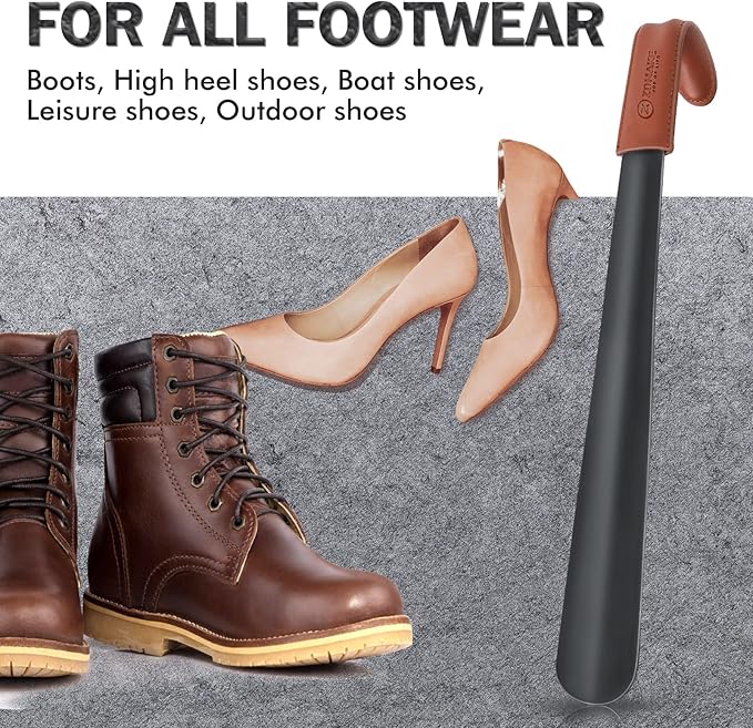 ZOMAKE Shoe Horn Long Handle for Seniors Men Women,Metal Long Shoehorn for Boots,16.5" Shoe Spoon Helper(Brown Handle)