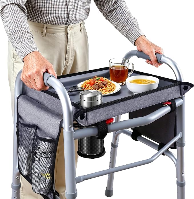 Walker Tray with Two Side Pockets – Universal Seniors Walkers Accessories | Adjustable Side Panels, Waterproof & Easy to Install, With Cup Holder, Cup Holder Keeps Drinks Stable