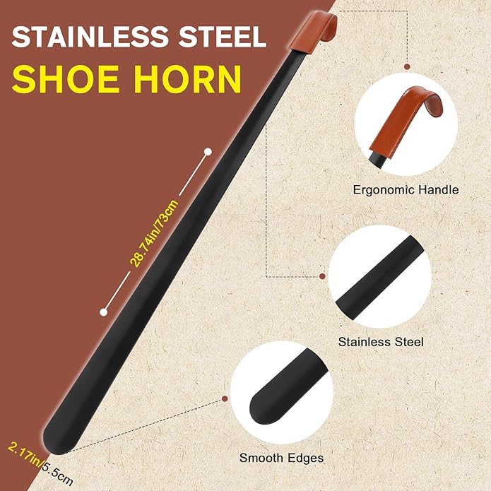 Redriver Metal Shoe Horn Long Handle for Seniors, 28.3'' Extra Long Shoehorn, Shoe Spoon Helpers to Put on Your Shoes for Boots Men Pregnant Women Kids(Brown Handle)