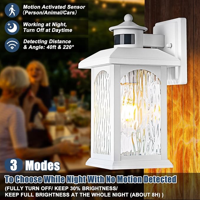 FILIYANO White Motion Sensor Outdoor Wall Lantern, Dusk to Dawn, 1 Pack | Anti-Rust, Waterproof Exterior Sconce, Outside Fixture with 3 Modes, Coastal Coach Light for Front Door, Garage, Porch, Patio