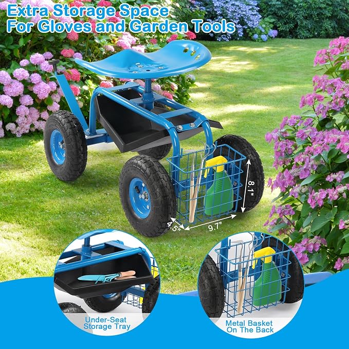 VINGLI Garden Cart with Rolling Seat, Wheels, Steering Handle & Utility Tool Tray, Planting Wagon Scooter, Gardening Tool for Senior, for Patio, Backyard, Lawn & Outdoor (Blue)