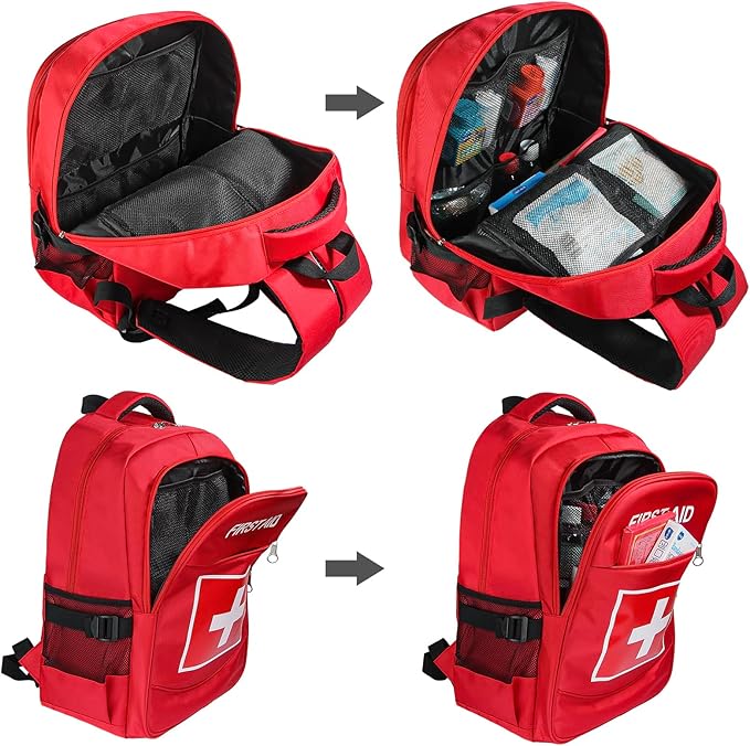 E-HORDE First Aid Backpack with Multi-Pocket, Emergency Medical Backpack, Large Capacity & Water-proof, Empty First Aid Bag for Home Office EMT Paramedics, Red