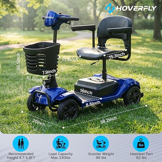 Hoverfly T4 Mobility Scooter for Seniors, Max 12.4-Mile Range & 3.7 mph, 3-Position Seat & Anti-slip Rear Wheel, Removed Battery&Quick Fold Design, Solid 9" Tire&330 lb Capacity, Ease of Assembly Blue