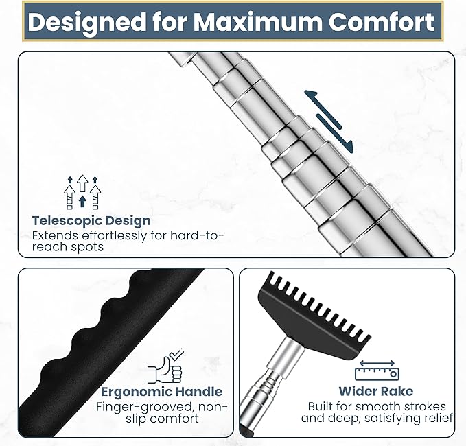 Robust Telescoping Back Scratcher for Instant Itch Relief, Extra Wide Head, Stainless Steel Handle Reaches Anywhere, Back Scratcher for Men, Back Scratcher for Women, Extends from 8" to 27" Gift Box