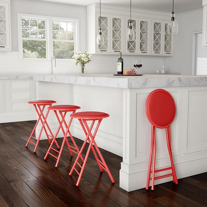 Lavish Home Folding Stool with Padded Backless Seat Set of 4, Red, 24” | Counter Height Bar Stools with 225lb Capacity, Portable Indoor & Outdoor, Extra Seat for Kitchen, Rec Room or Camping