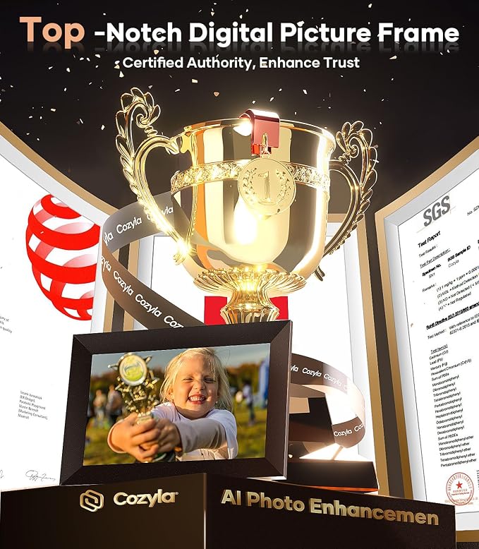 Cozyla Digital Picture Frame, 10.1'' HD Touchscreen Display with No Subscription, Free Unlimited Storage, Share Photo＆Video via Apps, Auto-Rotate WiFi Electronic Photo Frame for Gifting Black