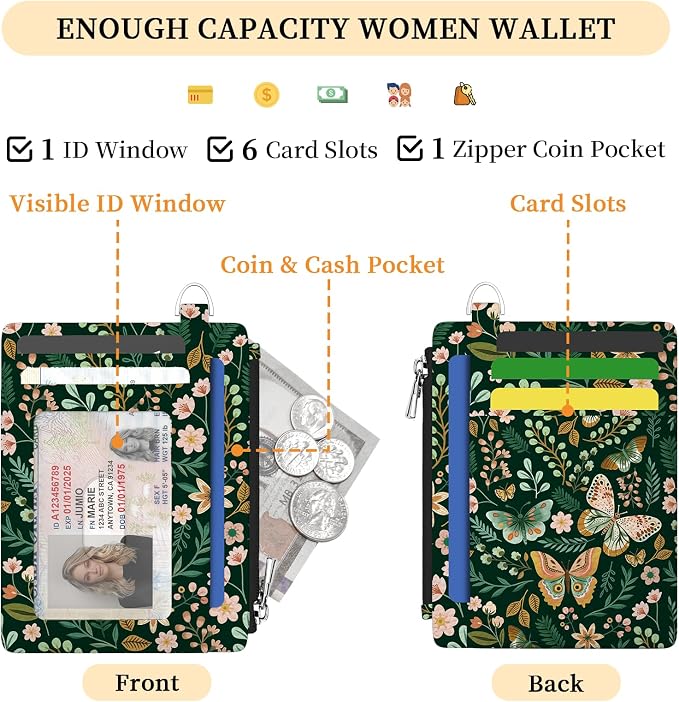 Hancynir Butterfly Floral Credit Card Holder Small Wallet Women, Slim RFID | Cute Zipper Keychain Pocket, Thin Travel Coin Purse, PU Leather, Minimalist Card Case, 6 Card Slots, Ladies Women Gifts