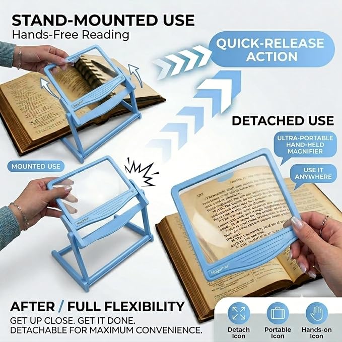MAGNIPROS 5X Rechargeable LED Page Magnifier with Foldable Stand, Hands-Free Lighted Magnifier with 3 Color Modes, Anti-Glare Lens for Reading Small Print, Low Vision, Seniors, Crafts