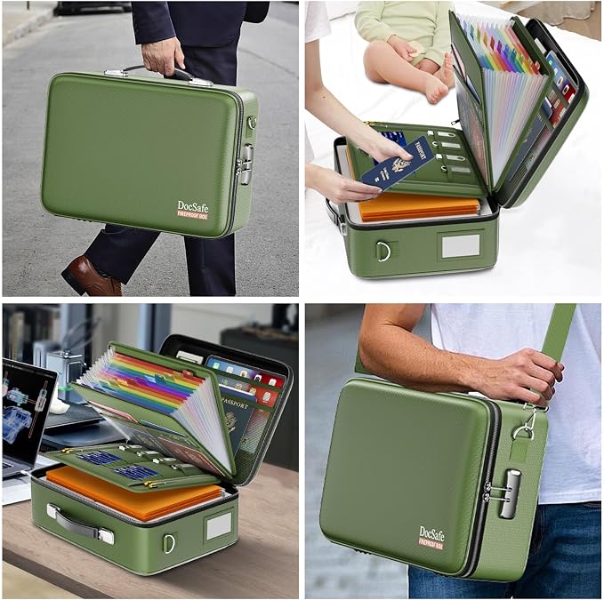 DocSafe Fireproof Document Box Hard Case with Lock ＆ Accordion File Folder | Fire and Water Resistant Safe Box,File Organizer,Multi-Pocket,Home Office Travel Storage for Important Document,Laptop,Green