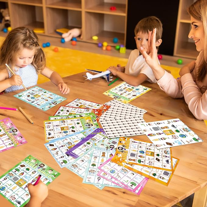 WorldBazaar Bible Bingo Game for Kids 24 Players Jesus Christian Bingo Game Cards Vacation Bible Sunday School Church Family Open Day Classroom Supplies