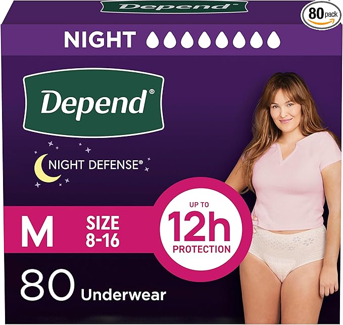 Depend Night Defense Adult Diapers, Incontinence & Postpartum Bladder Leak Underwear for Women, Disposable, Overnight, Medium, Blush, 80 Count, Packaging May Vary