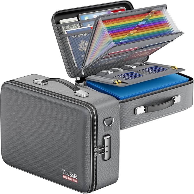 DocSafe Fireproof Document Box Hard Case with Lock ＆ Accordion File Folder | Fire and Water Resistant Safe Box,File Organizer,Multi-Pocket,Home Office Travel Storage for Important Document,Laptop,Gray