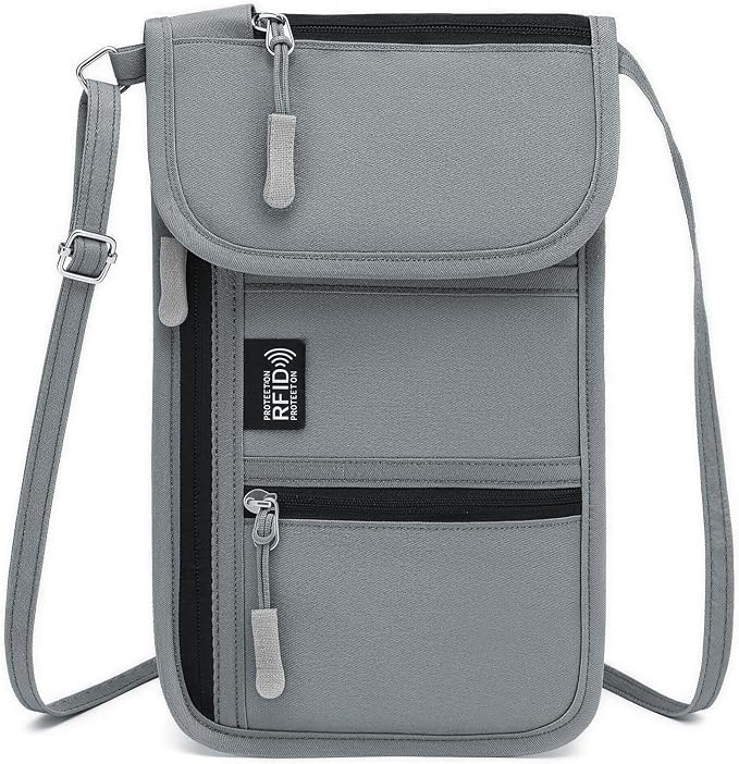 RFID Blocking Passport Holder for Travel Neck Wallet with Adjustable Lanyard 6 Compartments Pouches Passport Wallet for Family (Grey)