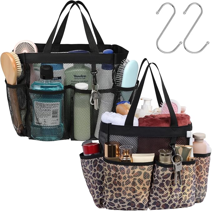Mesh Shower Caddy Portable - 2 Packs, S-Hook, Shower Bag for Dorm Camping | 8 Pockets, 2-Handle, Quick-Dry, Hanging College Dorm Room Essentials for Girls, Gym, Travel & Bathroom, Black & Leopard