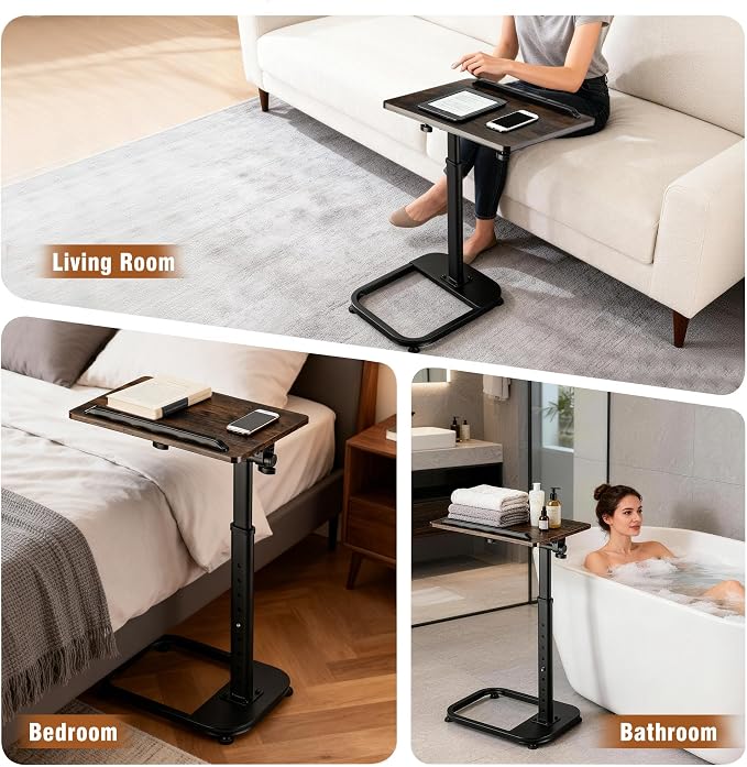 facka Adjustable Height TV Tray Table for Couch Eating, Laptop Small Spaces | C Shaped Flip-Top Couch Table, 9-Level 20-31 in Height Range, Rounded Corners, Sofa Side Table Brown