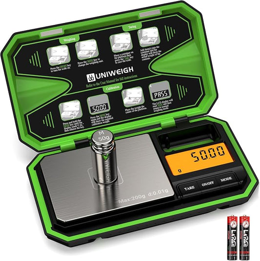UNIWEIGH Digital Pocket Scale 200g/0.01g, Digital Scale Grams, Jewelry Scale,Coins Scale with 50g Cal Weights for Powder,Small Items,Tea,Jewelry,Coins (Battery Included)-Fluorescent Green