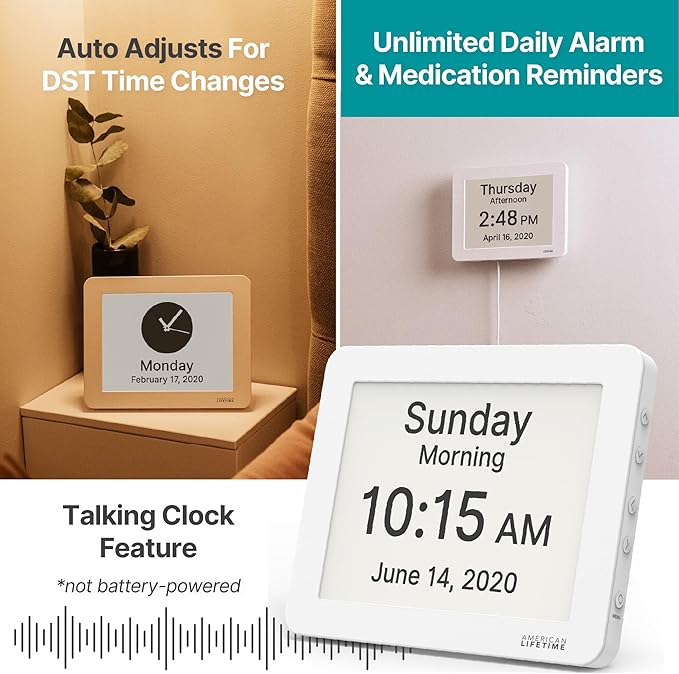 American Lifetime New 2025 Dementia Clock Large Digital Clock for Seniors, Alzeimer Clock Large Display with Custom Alarms, Clock with Day & Date for Elderly, Digital Calendar Premium White Pro