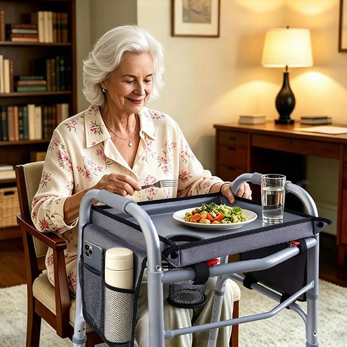 Walker Tray with Two Side Pockets – Universal Seniors Walkers Accessories | Adjustable Side Panels, Waterproof & Easy to Install, With Cup Holder, Cup Holder Keeps Drinks Stable