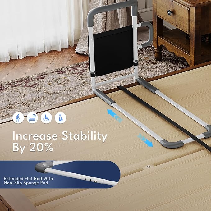 HOMEAL Bed Rails for Elderly Adults Safety - Adjustable Bed Assist Rails for Seniors, Adult Bed Guard Rail with Non-Slip Ergonomic Handle and Storage Pocket (Grey (Without Sensor Light), Long)