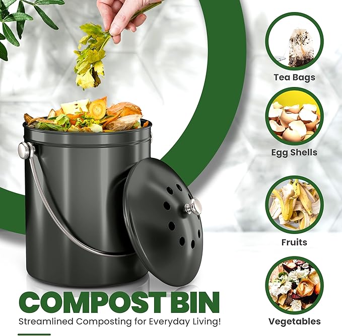 Utopia Kitchen Countertop Compost Bin 1.3 Gallon, Stainless Steel, Grey | Odorless countertop compost bin with charcoal filter, ideal for food scraps and waste