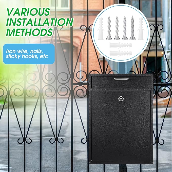 Yaocom Large Locking Mailbox with Key for Outdoor 16.2 x 11.2 x 4.7 Inches Large Wall Mount Mail Box with Lock Security Mail Drop Metal Collection Boxes Hanging Secure Postbox(Black)