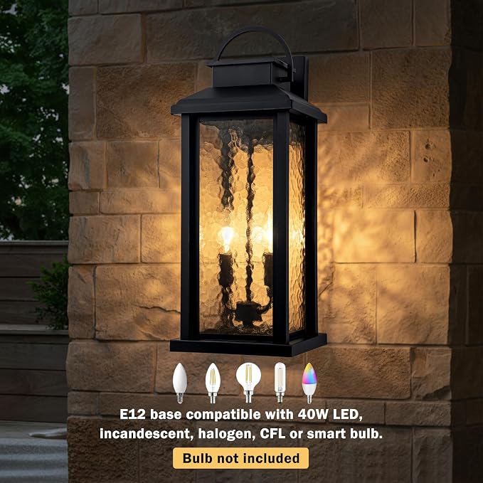 20 Inch Large Porch Lights Outdoor Wall Mounted Light | Matte Black, 2-Light Design, E12 Sockets, Water Glass, Hardwired, Waterproof Outdoor Light Fixture for House