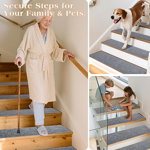 Stair Treads for Wooden Steps 4 PCS, Non Slip Stair Rugs Grey | 8x30in Self-adhesive Stair Runner Strips, Machine Washable, Indoor Carpet for Stairs, Stair Protection for Kids Pets Elderly
