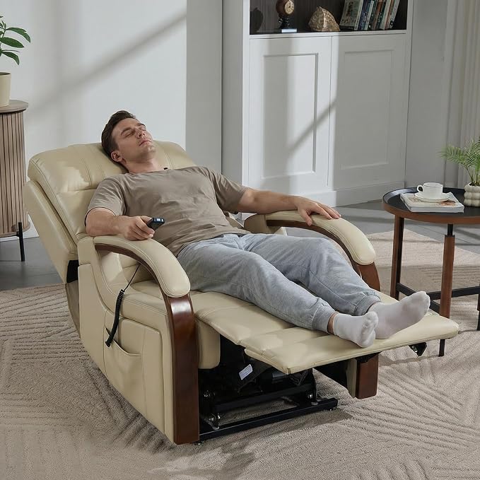 Power Lift Recliner Chair for Elderly, Dual Motor Lift Chair with Vibration Massage and Lumbar Heat, Lay Flat Recliner with Solid Wood Armrest, Standing Assistance Reclining, Faux Leather Beige