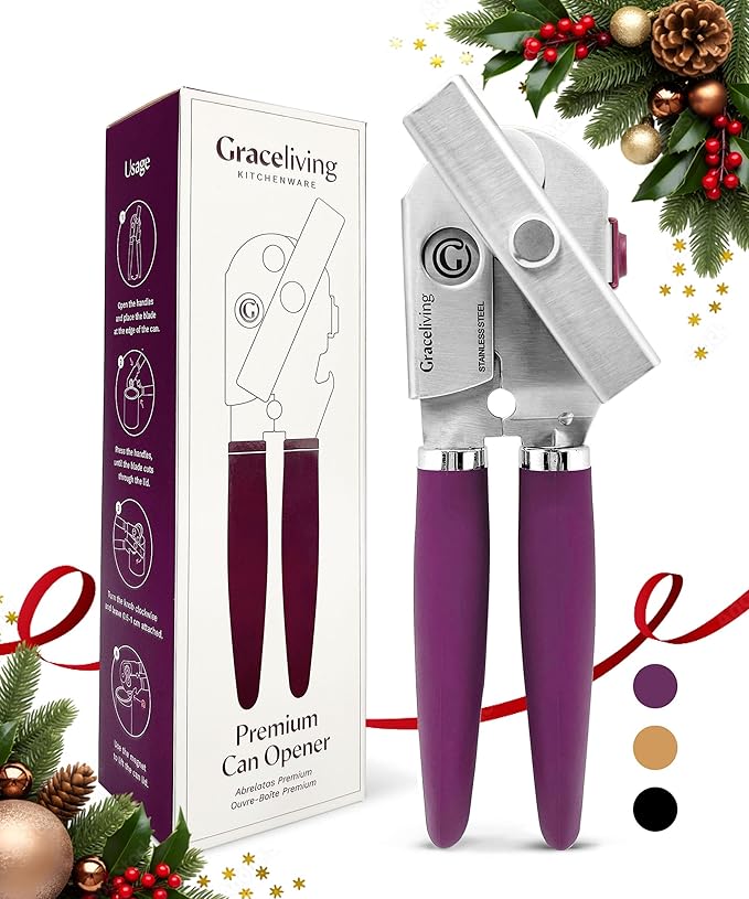 Premium Multifunctional Magnetic Manual Can Opener and Bottle Opener, Heavy Duty Stainless Steel Sharp Cutting Blade and Oversized Easy Turn Knob, Soft-Touch Handle, Kitchen Use, Mauve