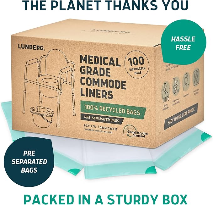 Lunderg Recycled Commode Liners - 100 Environment Friendly Toilet Bags | Medical Grade Bedside Commode Liners Disposable - Universal Fit & Easy to Use - Absorbent Pads Not Included