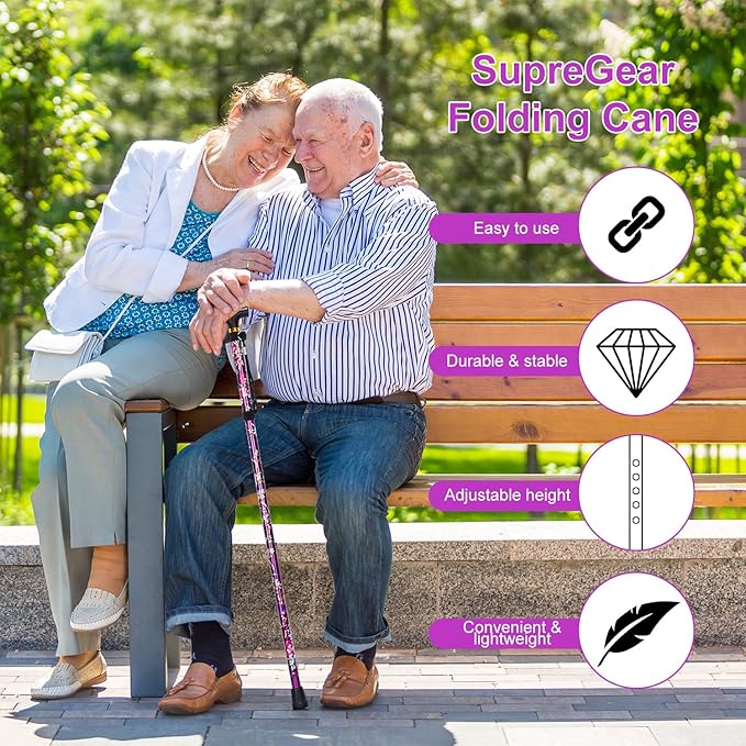 supregear Folding Cane, 5-Level Adjustable Height Walking Stick Lightweight Collapsible Portable Travel Cane with Wrist Strap and T Handle for Elderly Disabled Men Women