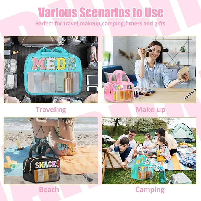 BuyCard Chenille Letter Clear Travel Bags, Makeup Bag for Travel, Preppy Patch Nylon Cosmetic Bag with Handles and Zipper, Waterproof Large Clear Travel Toiletry Bag Storage Bag for Women Pink