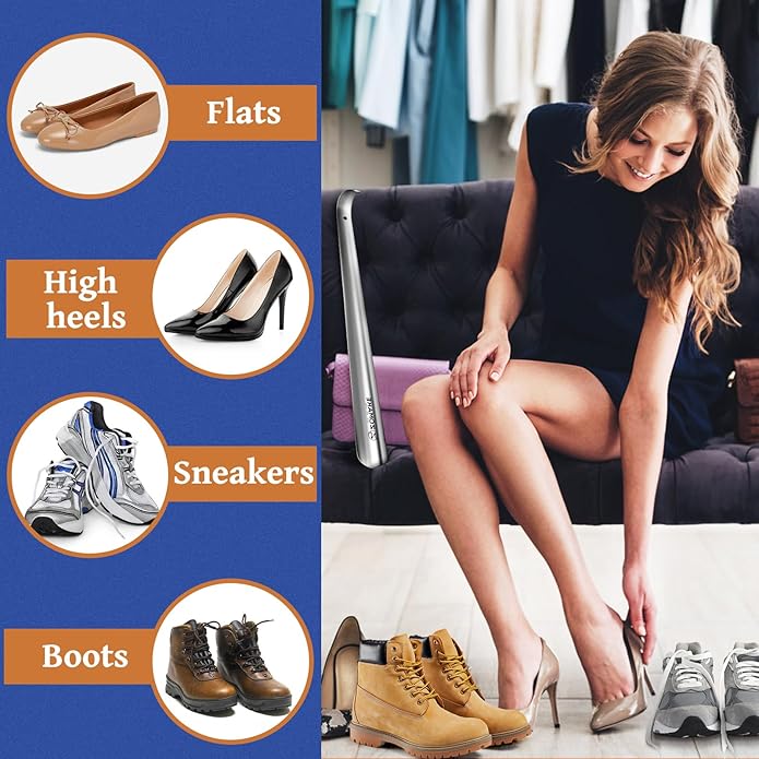 ZOMAKE Metal Shoe Horn Long Handle for Seniors 16.5 Inch,Long Shoehorn Stainless Steel Shoe Spoon Shoe Helper for Men Women