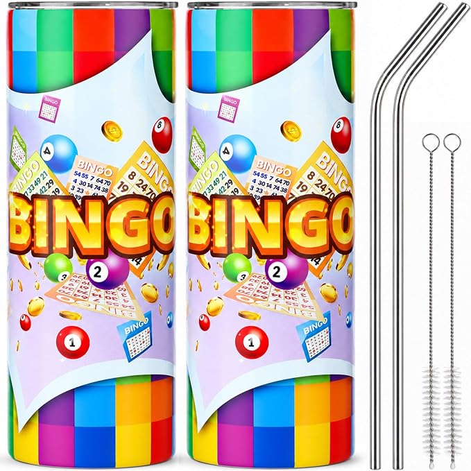Geiserailie 2 Pack Bingo Tumbler Cups 20 oz Game Gifts Stainless Steel Tumbler with Lids Prizes for Seniors Mom Grandma Dad (Colorful)