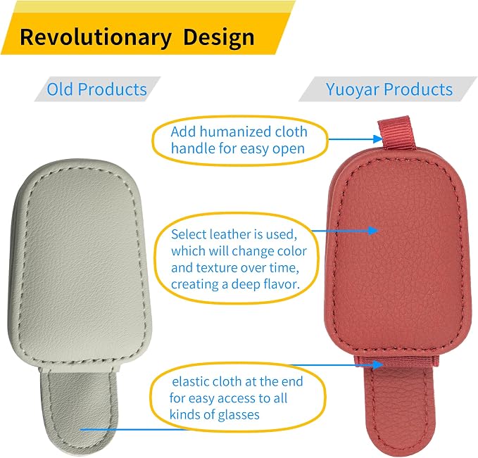 Yuoyar Magnetic Leather Sunglasses Holder for Car, 2 Packs (Red) | Magnetic Car Visor Accessories