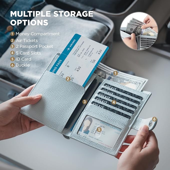 VULKIT Dual Passport Wallet for 2 Passports Airtag Holder RFID Blocking Travel Wallets