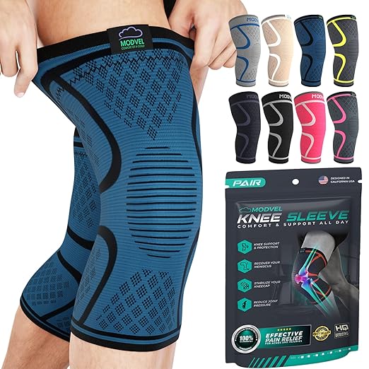 Modvel 2 Pack Knee Brace for Women & Men - Workout Knees Compression Sleeve for Knee Pain Relief Joint Support for ACL, Arthritis, Meniscus Tear Knees Brace for Sports, Rodilleras para Gym Fitness