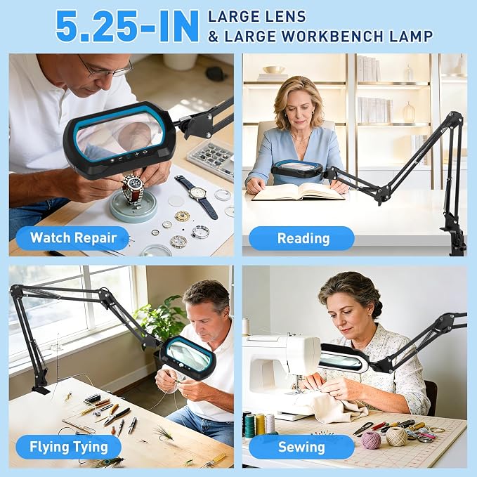 HITTI 12X Square Ultra Long Magnifying Glass with Light and Clamp | 3-Section Arm Hands-Free Lighted Stand, 5 Color Modes & Stepless Dimming LED Desk Lamp for Workbench, Modelling, Puzzle-Blue